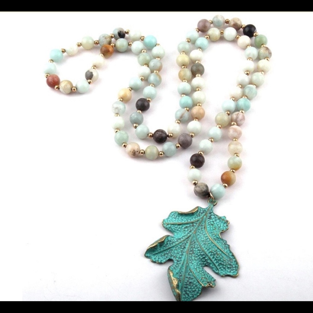Amazonite Stone Metal Green leaf Pendant Necklaces